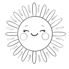 Cute line art of a smiling sun with rosy cheeks and playful rays, perfect for kids’ designs, coloring pages, and cheerful, uplifting themes.