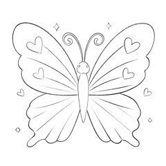 Whimsical butterfly line art with heart-shaped wing patterns, perfect for coloring pages, spring themes, and cute decorative designs.