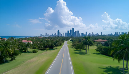 Fototapeta premium Scenic coastal road leads to a vibrant cityscape under a sunny sky