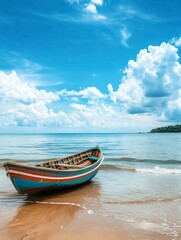 Old Fishing Boat on a Sandy Beach with Blue Cloudy Sky
