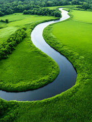 Obraz premium Serpentine river meanders through lush green fields