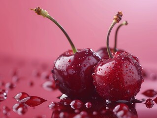 A close-up of fresh cherries covered in water droplets on a reflective red surface. The glossy texture, rich red hues, and soft lighting enhance their juicy, refreshing appeal.