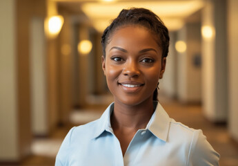 Obraz premium An African American woman is smiling confidently while standing in a modern hotel corridor. Soft lighting enhances her professional appearance. She wears a light blue shirt that complements her poise