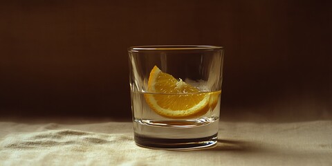 Minimalist drink still life with orange slice, clear liquid and brown backdrop