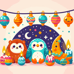 A group of colorful ornaments hang from a string, including a bear, a penguin