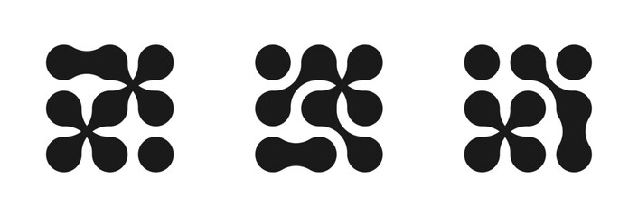 Fototapeta premium Dots metaball black pattern. A set and collection of abstract round shapes on a white background. Connected vector spots. Geometric circle decorative molecules. Texture. Modern minimalistic design.