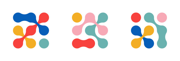 Dots metaball colorful pattern. A set and collection of abstract round shapes on a white background. Connected vector spots.Geometric circle decorative molecules. Modern minimalistic design.
