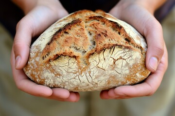 A pair of hands gently hold a rustic, crusty sourdough loaf with a golden, textured crust and a soft interior, evoking warmth, tradition, and artisanal craftsmanship.