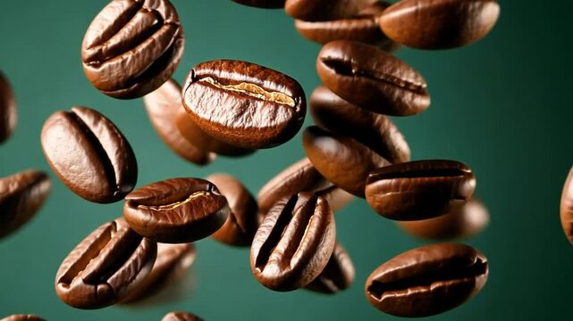 Aromatic Coffee Beans: A close-up shot captures a cascade of perfectly roasted coffee beans, suspended in mid-air, promising the rich aroma and invigorating taste.