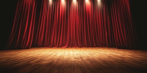 A theater stage with a deep red curtain backdrop, natural folds in the curtain, wooden floor stage, spotlights shining from above, light mist on the stage, dramatic and mysterious atmosphere