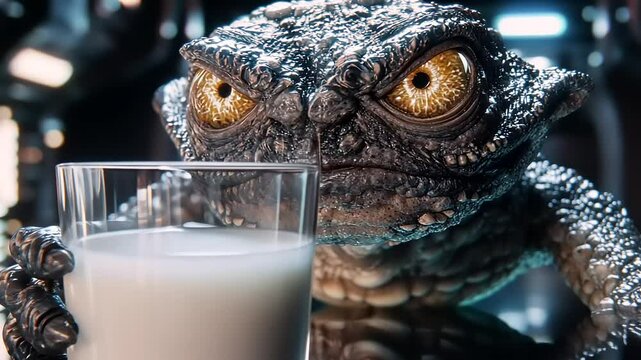 A detailed close-up of an alien creature with a menacing stare, holding a glass of milk.
