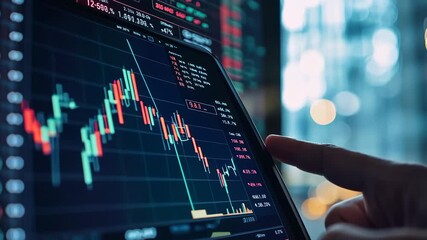 Trader Investors check financial news and stock market index updates on their tablets. Businessman finger working with Stock Market Data Graph on a smartphone. Stay informed about market trends. - Powered by Adobe