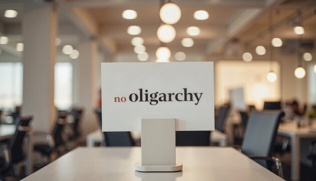 Modern office display of "no oligarchy" in minimalist design, symbolism
