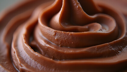 An ultra-close-up of a decadent, smooth chocolate mousse, showcasing its rich, velvety texture.