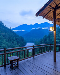 Serene mountain lake view from a wooden deck