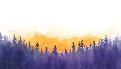 A watercolor-style forest landscape illustration with pine trees in purple shadows, gradient orange and pink sky in the background