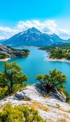 Serene mountain lake vista from rocky outcrop, turquoise water, sunny day