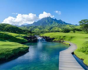 Serene mountain landscape with a wooden boardwalk leading to a tranquil waterfall and clear pond