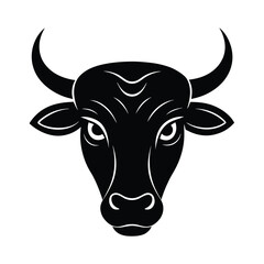 Cartoon black and white cow and bull with horns on a farm