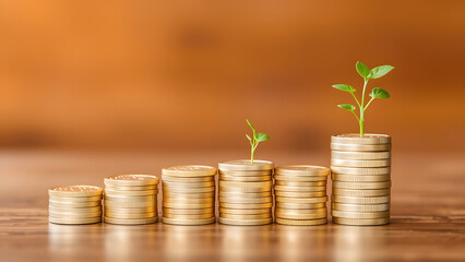 Green Plant Growing from a Stack of Coins Representing Financial Growth and Investment