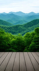 Serene mountain vista with wooden deck foreground