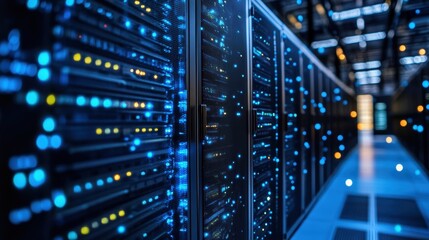 A data center filled with servers and networking equipment, with cables, computers, and digital screens showing real-time data monitoring