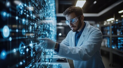 A scientist conducting research on the Internet of Things (IoT) devices, with sensors, smart devices, and digital networks visible in a modern lab