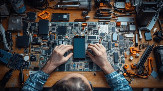 A technician repairing a smartphone in a workshop, with various mobile phone components and diagnostic tools spread on the table