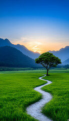 Serene pathway through a verdant field towards a mountain range at sunrise