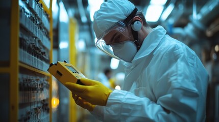 A radiation detection specialist using a Geiger counter in a nuclear facility, measuring radiation levels and safety data