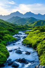Serene river flows through lush green valley towards majestic mountains under a vibrant sky