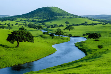 Serene river meandering through lush green landscape, rolling hills and scattered trees under a clear sky