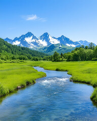 Serene river meandering through lush green valley, majestic snow-capped mountains in background under a vibrant blue sky