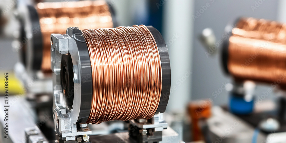 Poster close-up view of copper wire in electric motor production generative ai