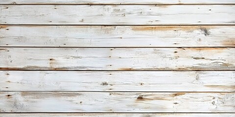 Obraz premium A weathered white wooden board with natural wood grain and worn marks, horizontally arranged planks, rustic and vintage atmosphere, suitable for background or texture material