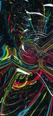 An abstract digital artwork showcases a swirling vortex of vibrant red, blue, yellow, green, and white lines against a black background, evoking movement and cosmic energy