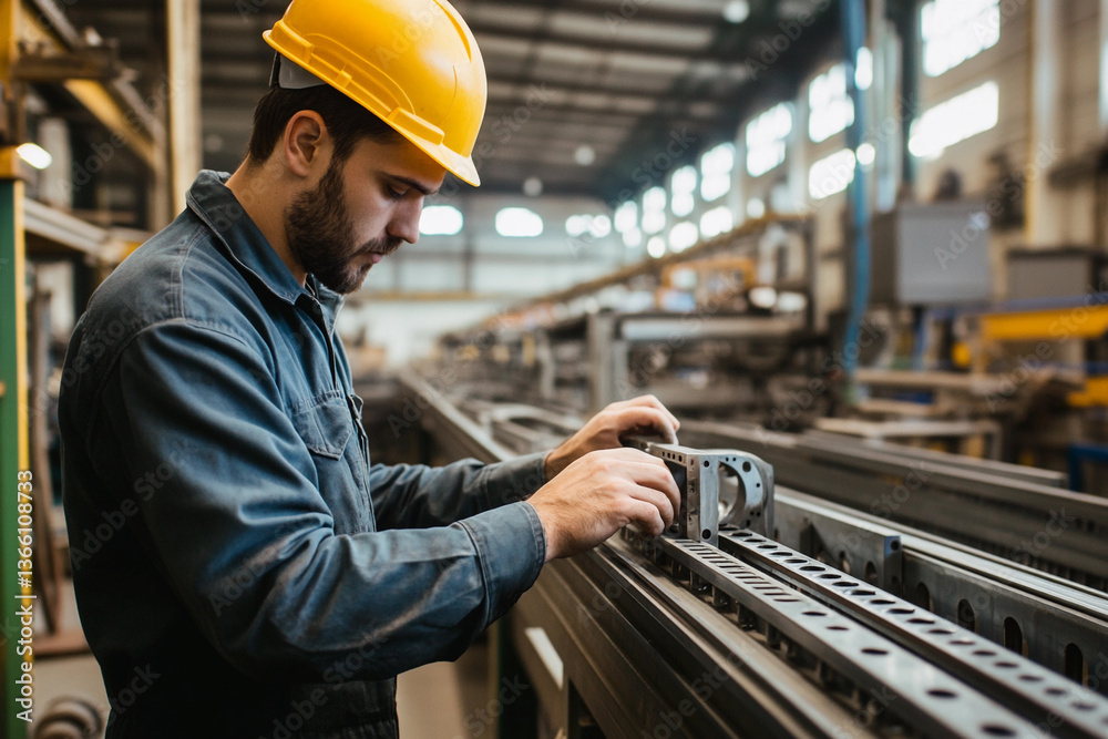 Poster factory worker inspects metal components in manufacturing area generative ai
