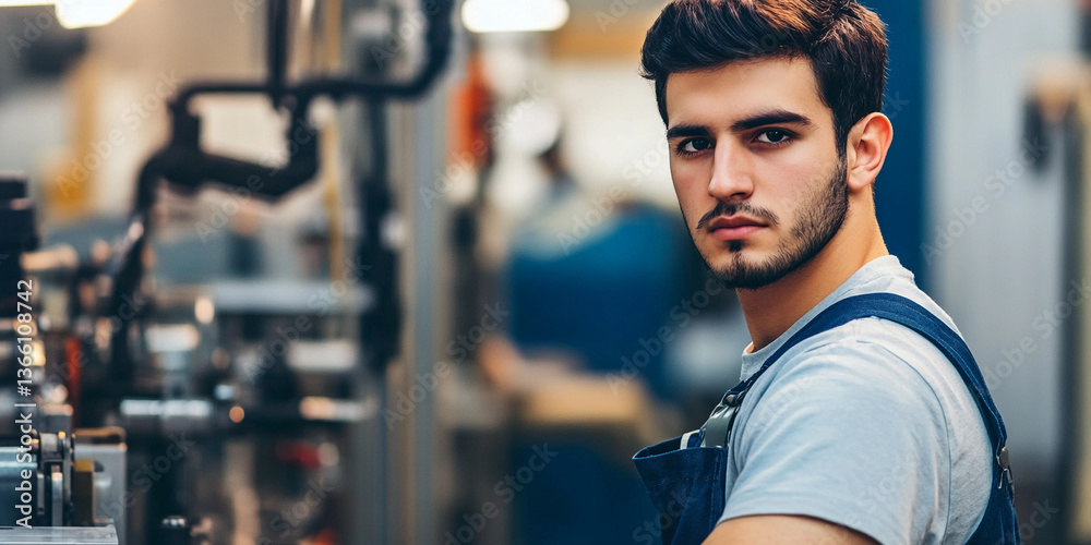 Aufkleber Factory worker focused on machinery in a workshop setting Generative AI