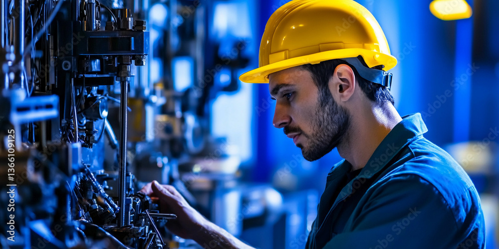 Poster focused industrial technician working on machinery controls generative ai