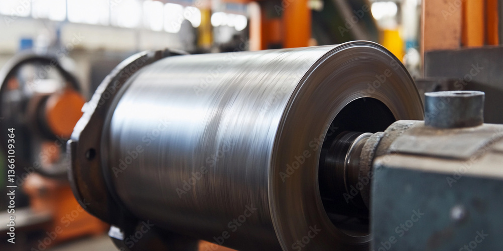 Poster close-up of a large metal industrial roller in a factory generative ai
