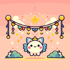 A cartoon cat is flying in the air above a pink background with a star