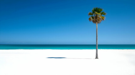 Obraz premium Empty Tropical Beach With Single Palm Tree Under Clear Blue Sky