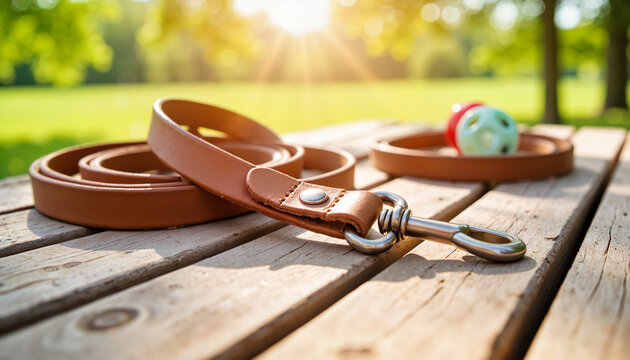 Leather dog leash and toy on rustic table in sunny park, pet companionship