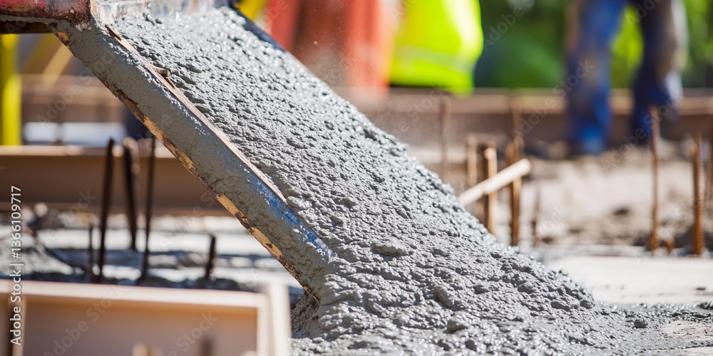 Poster wet concrete pouring during construction process on site generative ai