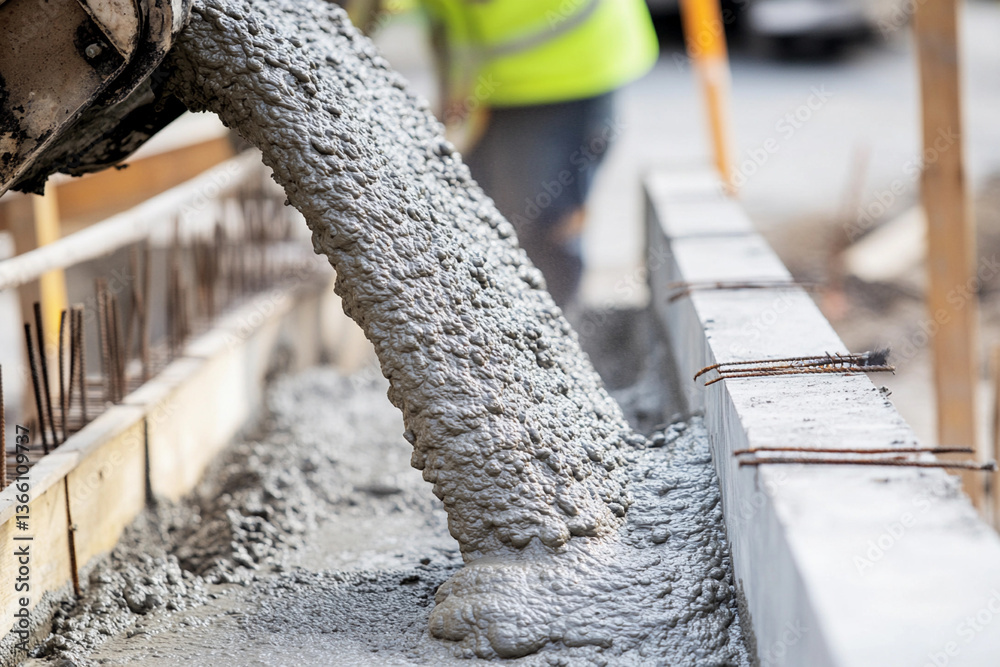 Poster wet concrete pouring at construction site in progress generative ai