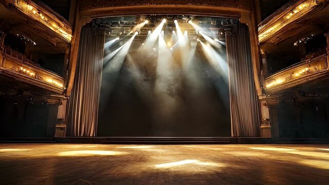 A grand theatre stage bathed in light, ready for a performance, full of drama.