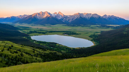 Naklejka premium Panoramic View Of Mountain Range And Lake Surrounded By Forest During Daylight