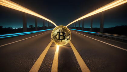A Bitcoin logo moving along a fast, glowing highway with lanes of light. The highway is made up of data streams and rising stock market graphs, stretching into the distance.