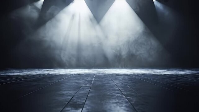 Stage lit by spotlights, with smoky atmosphere and a tiled floor creating an eerie ambiance.