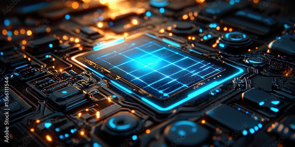 Poster close-up view of a modern circuit board with glowing elements and intricate patterns in a tech envir